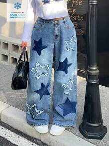 SHEIN ICON 大码休闲水洗星星贴花阔腿牛仔裤