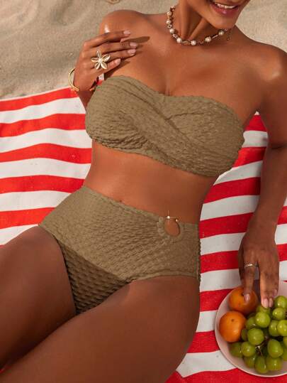 Swim Basics بدلة سباحة من قطعتين للنساء بتصميم ملفوف أمامي على شكل باندو، بدلة سباحة صيفية جذابة