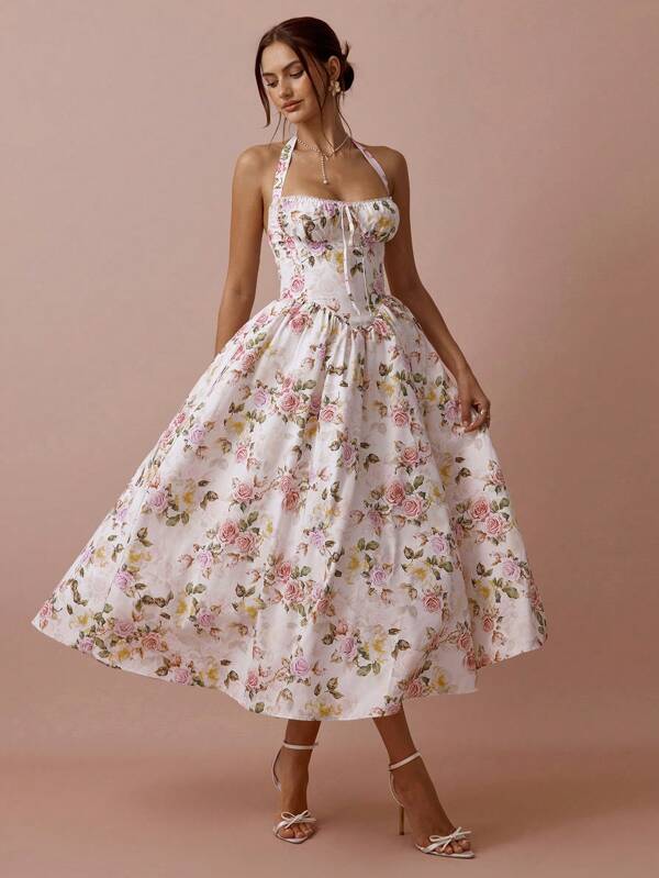 Enchnt Spring/Summer Romantic Women's White ROSE Print Halter Neck Sweetheart Collar Backless Princess Long Dress,Sweet&Elegant&Modest Sundress For Birthday&Holiday Party&Sweet Date&Vacation&Graduation Season,Summer Outfits For Women,Wedding Guest Dress Women,Easter Outfit Women,Summer Dresses For Women