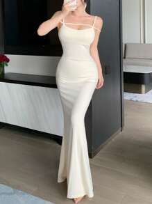 DAZY Island Vacation Fitted Spaghetti Strap Backless Women Lounge Dress Pajama - Apricot - View 7