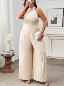 Celure Plus Size Women's Vintage French Romantic Casual Halter Neck Metal Ring Buckle Decor And Side Pleated Palazzo Jumpsuit, Suitable For Vacation, Afternoon Tea, Party, Commute