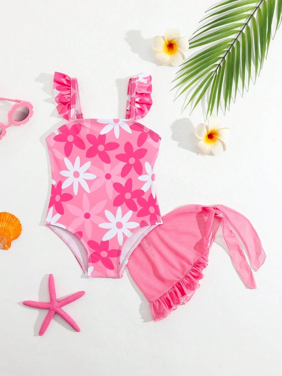 女婴花卉印花荷叶边连体泳衣和打结网眼裙套装