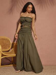 Vixey Váy Maxi Xếp Tầng Co Giãn Thả Eo Dệt Trơn, Trang Phục Mùa Xuân Cho Nữ, Trang Phục Mùa Hè Cho Nữ, Trang Phục Đi Nghỉ Cho Nữ, Quần Áo Phong Cách Boho Cho Nữ, Trang Phục Đi Nghỉ Đảo - xanh quân đội - Xem 2