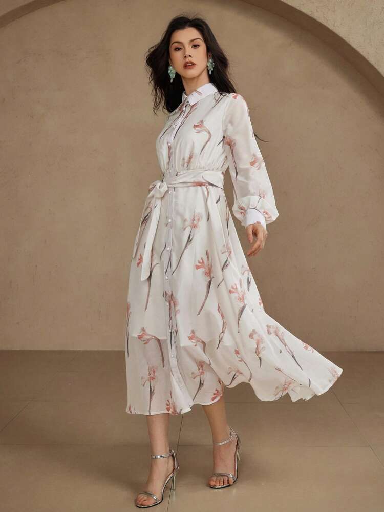 Women's Elegant Floral Print Waisted Midi Dress,Fall Dress Long Sleeve Dress