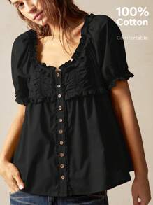 Bohemela Damen Lässig einfarbiges locker sitzendes Hemd aus Gewebe mit Kurzarm