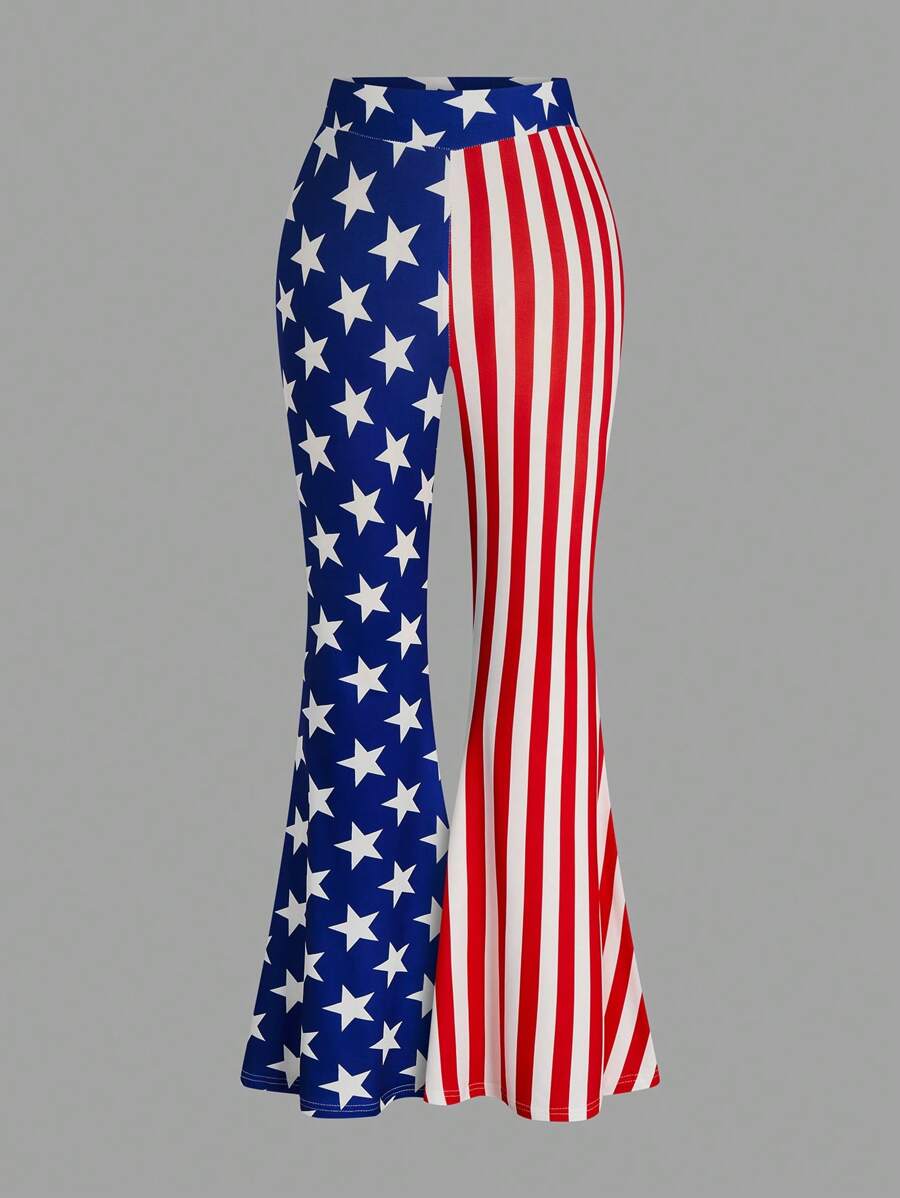 SHEIN LUNE Plus Size Women's American Flag Print Slim Fit Flare Pants, For Fourth Of July Fall Cloth For Women - Multicolor - View 1