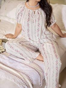 CottageSlumber Plus Size Bubble Crinkle Flower Print Ruffle Hem Short Sleeve Pajama Set Holiday Season - Multicolor - View 6