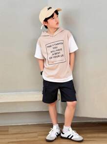 SHEIN 2pcs/Set Tween Boy Beige Summer Streetwear School Back-To-School Letter Print Oversized Hooded T-Shirt & Contrast Drawstring Cargo Shorts Set,Travel - Khaki - View 1