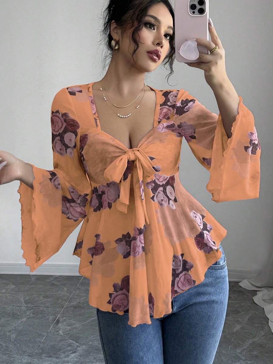 Chiquease Camiseta de mujer de estilo Ibiza con volantes, manga con volantes, dobladillo asimétrico, lazo y malla con estampado floral, de corte casual y sexy para vacaciones - Multicolor - Ver 1