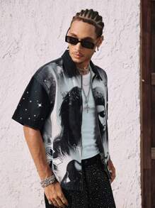 ROMWE MEN Street Life Men's Streetwear Religious Printed Denim Jacket Shirts - Black - View 2