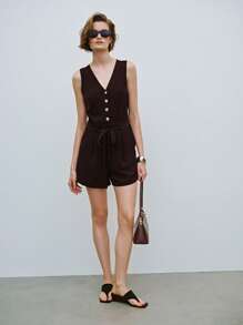 Lumivelle Women's Elegant Sleeveless Short Jumpsuit For Commute - Brown - View 4