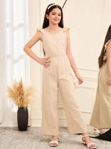 SHEIN Leap Crew Tween Girl Casual Ruffle Trim Backless Jumpsuit - Apricot - View 4