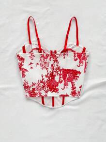 Soleia Blue & White Vintage Floral Contrast Color Women Holiday Camisole, Suitable For Vacation, Date, Afternoon Tea, Music Festival, Boho Style