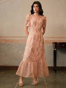 Anewsta 女士优雅花卉蕾丝拼接串珠刺绣圆领短袖连衣裙 - 藕粉色 - 查看 2