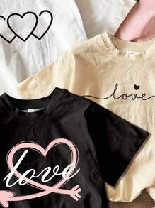 SHEIN Camiseta básica de manga corta y cuello redondo casual para niña joven con estampado de corazón, lazo y leopardo, adecuada para primavera/verano