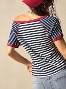 Bohemela Lässig Strick Gestreiftes V-Ausschnitt Raglanärmel Kurzarm anliegendes kurzes T-Shirt mit Kontrastfarben im Stil eines Ocean Resort für Frauen
