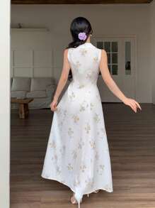 Modelyn 时尚浪漫的女士长款花卉印花连衣裙，采用特殊面料制成 - 杏色 - 查看 5
