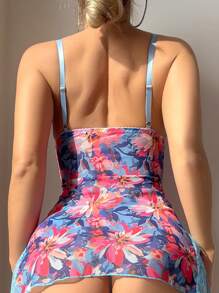 SHEIN 2 件套性感系带和网眼拼接印花开叉下摆紧身迷你内衣连衣裙，适合外出穿着 - 彩色 - 查看 2