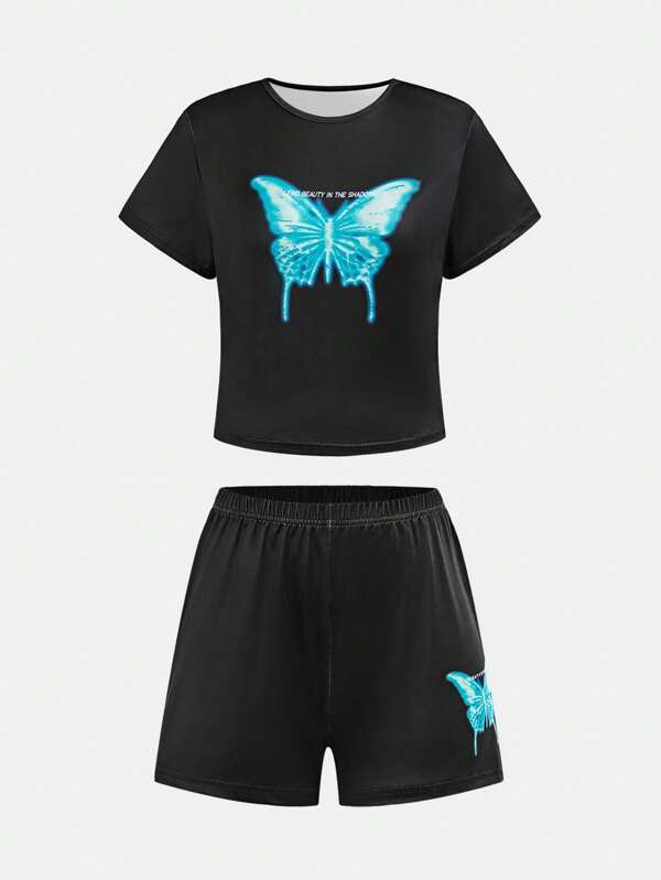 NotGurli Y2K Butterfly Print Street Style Black Summer 2pcs Set