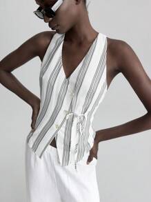 Ontre Nuovo completo da donna 2025, gilet a righe, stile vacanziero, silhouette aderente, design con cintura in vita, con bottoni a conchiglia, giacca sottile, abbigliamento primavera/estate, per uso quotidiano