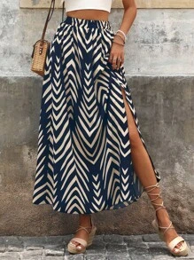 SHEIN PETITE 春夏女士休闲海滩度假时尚开衩下摆 A 字裙 - 彩色 - 查看 3