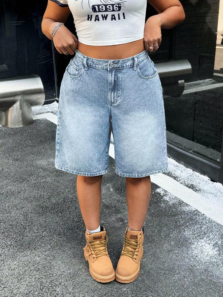 SHEIN ICON Quần short denim ống đứng không co giãn, giản dị, mùa hè dành cho nam/nữ - Rửa nhẹ - Xem 1