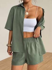 SHEIN PETITE Women Two Pieces Outfits For Daily Wear - Army Green - View 6