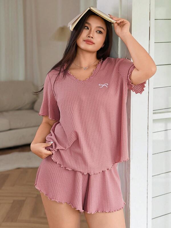 SHEIN Set de pijamale casual cu broderie cu volane dulce