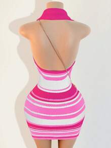Mistrie Vestido corto con cuello colorido, de moda para el verano - Rosa Fucsia - Ver 2