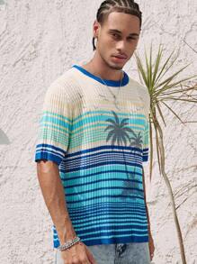 ROMWE MEN Casual Men's Round Neck Short Sleeve Ombre Palm Tree Print Knit Sweater, Vacation - Blue - View 1
