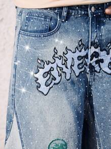 ROMWE MEN Street Life Pantalones cortos vaqueros para hombre con parches de rhinestones y contraste de color - Azul - Ver 2