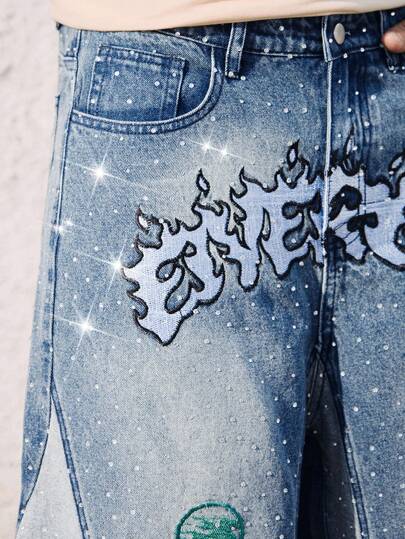 Street Life Men's Rhinestone Patchwork Contrast Color Denim Shorts Jorts