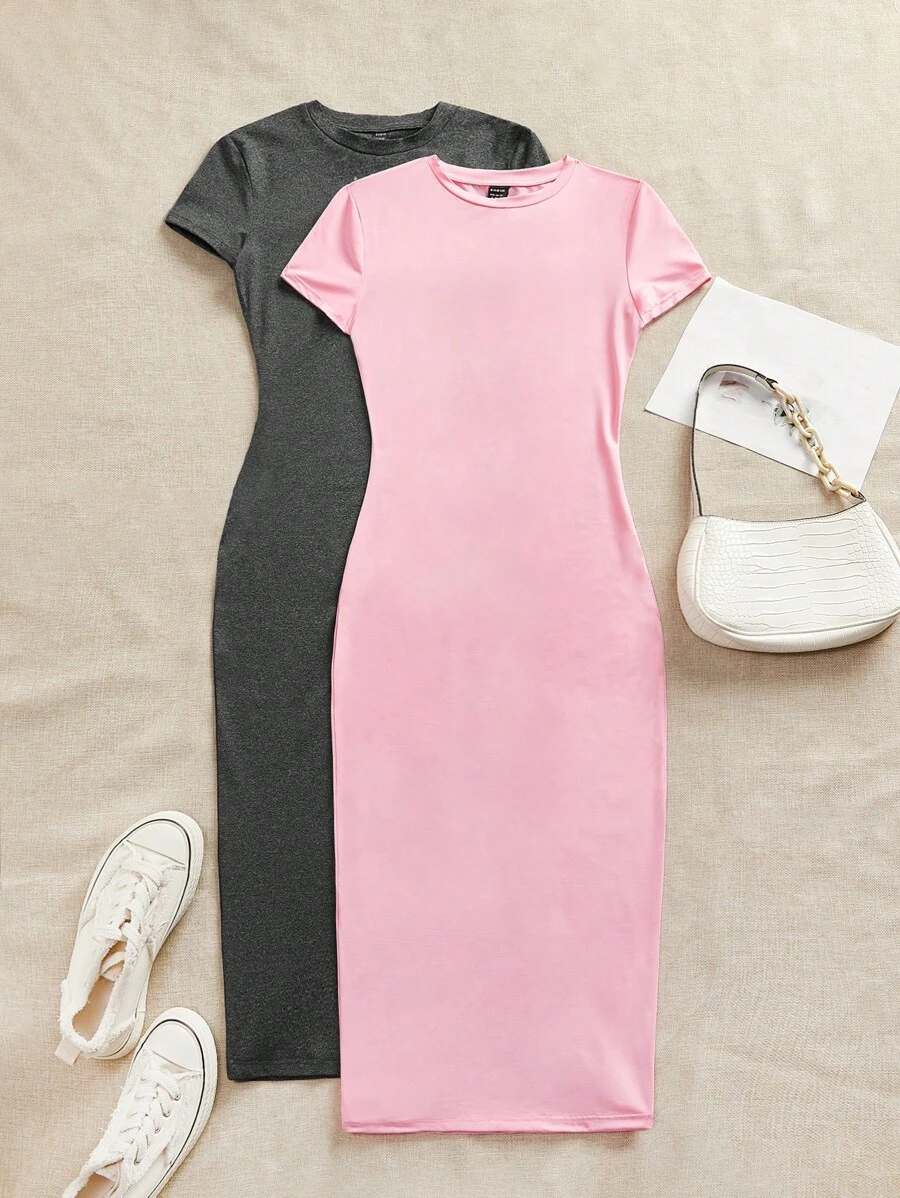 SHEIN EZwear 2 件套休闲简约短袖紧身中长连衣裙，适合春夏季