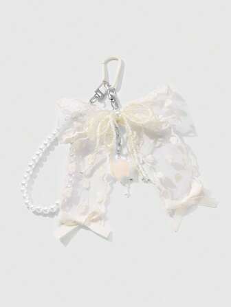 Kawaii 1 pezzo Supporto per telefono, portachiavi, ciondolo per borsa, stile minimalista elegante, fatto a mano con perle finte bianche, rete a maglia ricamata, fiocco in resina a forma di stella, adatto per uso quotidiano da donna, idea regalo
