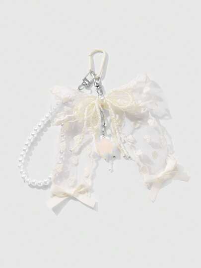 Kawaii 1 pièce Porte-téléphone, porte-clés, breloque de sac minimaliste et élégant fait main avec perles blanches, filet brodé et nœud en résine étoile. Convient pour un port quotidien pour femmes, cadeau