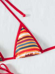 Bonvoyette 3-Piece Rainbow Striped Textured Trim Contrast Color Sexy Fashion Bikini Set, For Summer Vacation