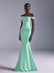 Elitara 优雅褶饰露肩美人鱼长裙，适合婚礼、活动、派对、蜜月、伴娘（成人） - 水鴨藍 - 查看 5