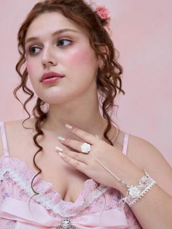 Kawaii 1pc Elegant Rose Crystal Pendant Bracelet, High-Quality Rococo Geometric Lace Bracelet Ring Combination, Unique Design Fashion Adjustable Braided Handmade Rope