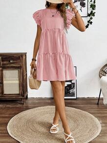 SHEIN LUNE Ladies' Summer Casual Striped Ruffle Hem Dress - Pink - View 3