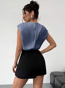 Firerie Áo cánh dơi xếp ly màu trơn cổ bẻ thanh lịch cho nữ, Áo cánh dơi màu trắng cổ bẻ xếp ly duyên dáng cho nữ, Áo mới mùa xuân/hè - Màu xanh bụi bặm - Xem 9