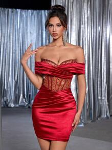 Glamrae 露肩奢华亮片和珠饰弹力针织鱼尾连衣裙，适合婚礼、派对、舞会、活动、节日、鸡尾酒会 - 酒紅色 - 查看 2