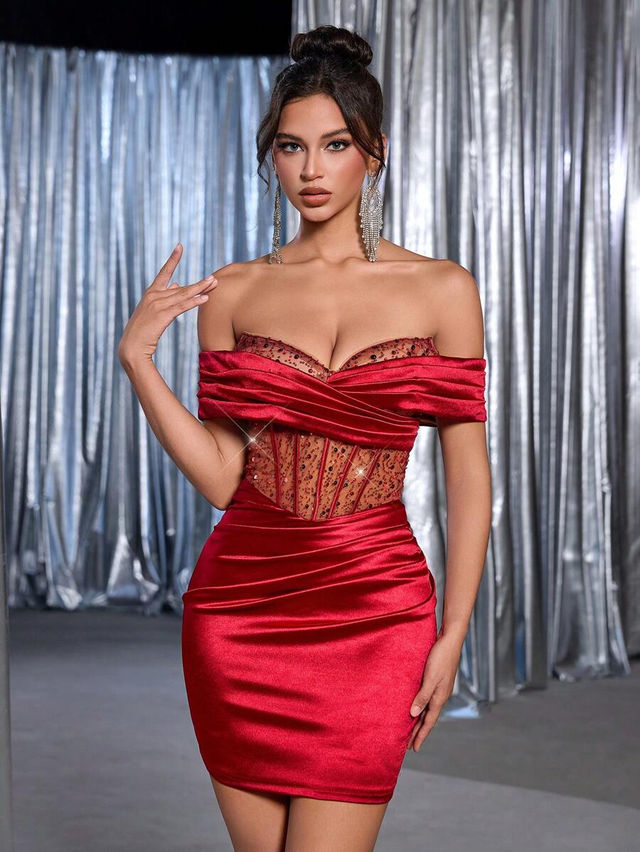 Glamrae 露肩奢华亮片和珠饰弹力针织鱼尾连衣裙，适合婚礼、派对、舞会、活动、节日、鸡尾酒会