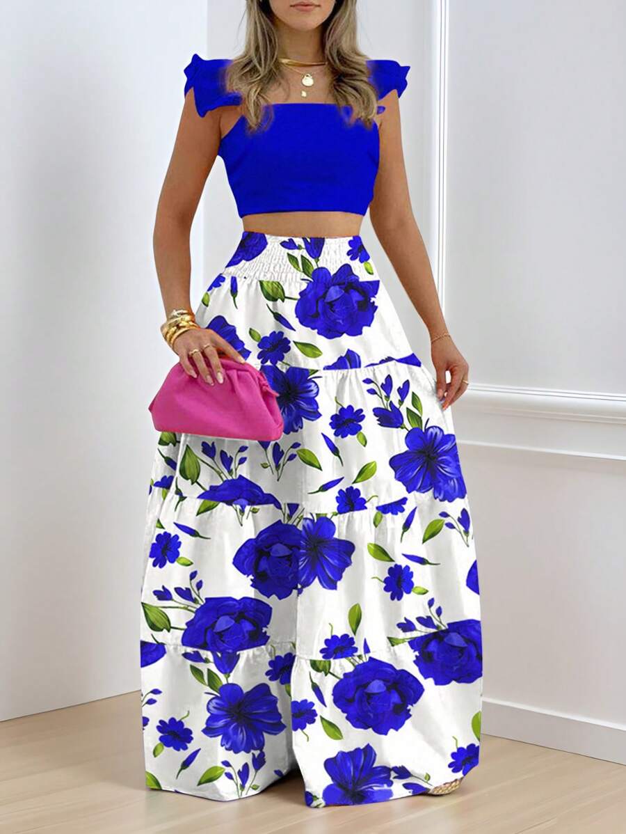 SHEIN Clasi 2件套性感荷叶边印花女士度假装 - 彩色 - 查看 1