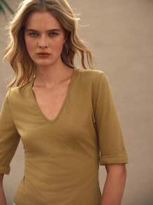 Lumivelle Women's Deep V-Neck Mid-Sleeve T-Shirt, Slim Fit & Flattering, Summer Versatile - Mustard Yellow - View 3