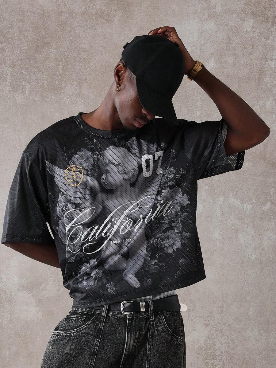 SUMWON Áo bóng rổ lưới thể thao California Urban Streetwear Áo phông phong cách cổ điển có thiết kế đồ họa thiên thần và số 07 in lớn - màu đen - Xem 1