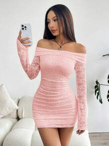Muchica Women's Elegant Off Shoulder Lace Ruffle Bodycon Dress - Coral Pink - View 6