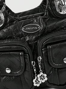 ROMWE Grunge Punk 新款摇滚时尚女士单肩包，深色朋克摩托车手提包 - 黑色 - 查看 4