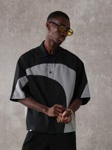Designer Two-Tone Bowling Shirt Oversized Short Sleeve Button Down Color Block Urban Streetwear Summer Casual Modern Fashion Shirt - Multicolor - View 6