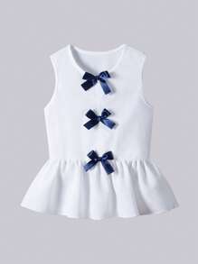 SHEIN 2pcs/Set Girls Casual Elegant City Commuting Bow Decor Sleeveless Top & Fitted Flare Pants Knitted Set