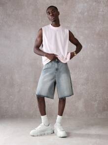 SUMWON 设计师牛仔布短裤百慕大短裤破洞毛边节日夏季休闲街头风格贴花后口袋细节宽松棉质短裤都市青年时尚 - 藍色 - 查看 5